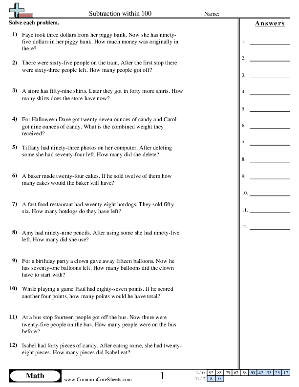 Word Subtraction Within 100 worksheet